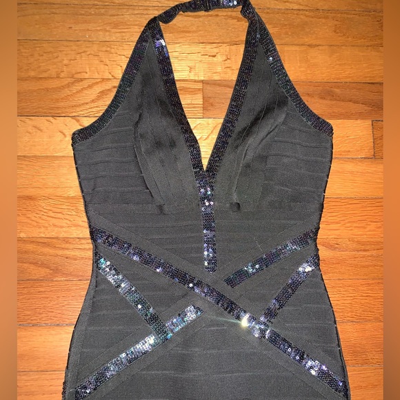 Herve Leger Kaitlyn Sequin Bandage Halter neck Mini Dress Army Green Small - Picture 5 of 7